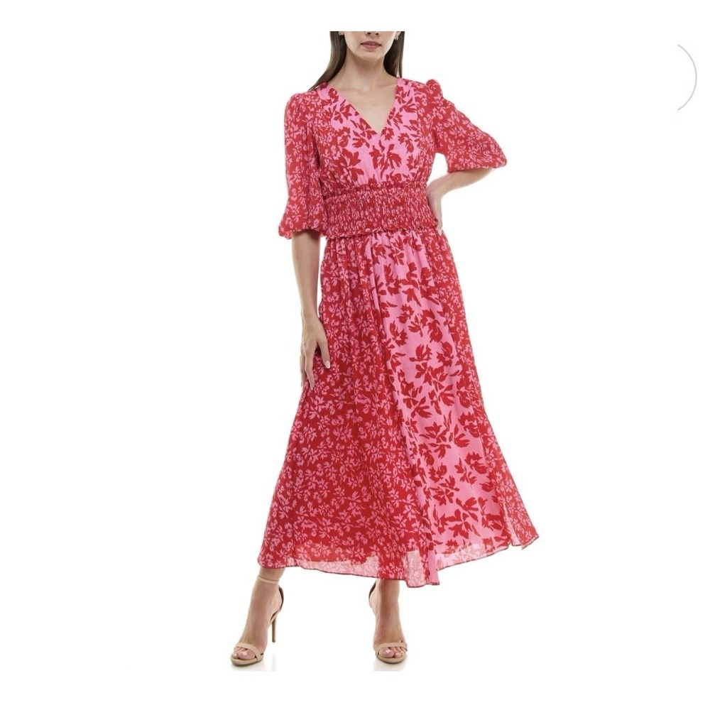 Taylor Short Sleeve Red & Pink Maxi Dress V-neck Tie Back Size 12 Smocked Waist